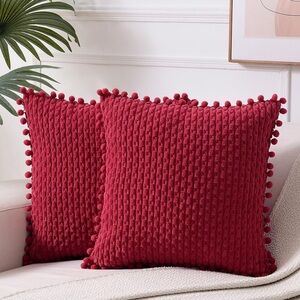 NWT Set of 2 Red Throw Pillow Covers 18x18” with Pom-poms
